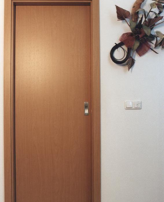 Innentür als Schiebetür vor der Wand laufend mit Zarge Buche Dekor