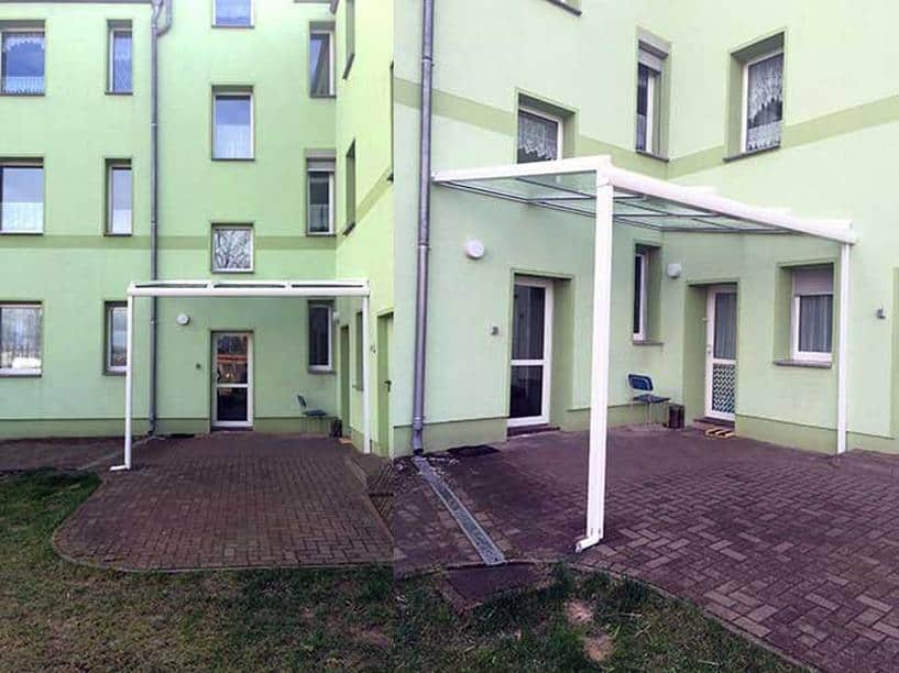 Aluminium Terrassenüberdachung als Pultdach Ausführung Farbe Weiß mit glasteilender Sprosse Sicherheitsdachverglasung 10 mm  0,76 Folie 2 Stützen