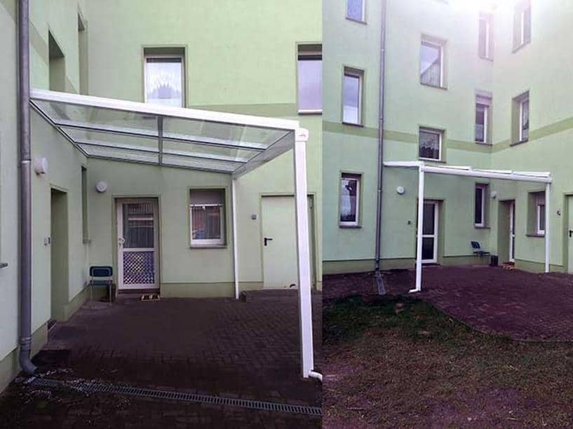 Aluminium Terrassenüberdachung als Pultdach Ausführung Farbe Weiß mit glasteilender Sprosse Sicherheitsdachverglasung 10 mm  0,76 Folie 2 Stützen