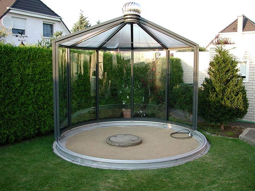 Aluminium Pavillon "Rondo VG" Freistehend Dachverglasung Plexiglas transparent und Seitenverglasung ESG Farbe anthrazitgrau DB 703 & Dachlüfter & Öffnung inklusive Dach bis zu 180 Grad möglich
