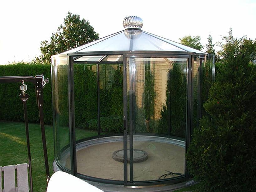 Aluminium Pavillon "Rondo VG" Freistehend Dachverglasung Plexiglas transparent und Seitenverglasung ESG Farbe anthrazitgrau DB 703 & Dachlüfter & Öffnung inklusive Dach bis zu 180 Grad möglich