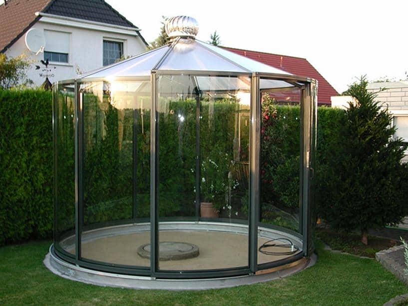 Aluminium Pavillon "Rondo VG" Freistehend Dachverglasung Plexiglas transparent und Seitenverglasung ESG Farbe anthrazitgrau DB 703 & Dachlüfter & Öffnung inklusive Dach bis zu 180 Grad möglich