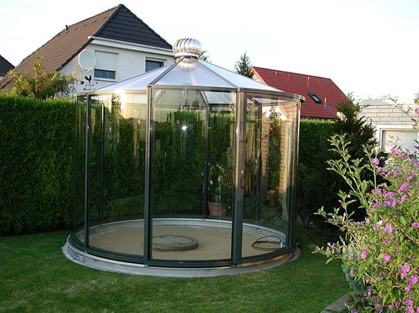 Aluminium Pavillon "Rondo VG" Freistehend Dachverglasung Plexiglas transparent und Seitenverglasung ESG Farbe anthrazitgrau DB 703 & Dachlüfter & Öffnung inklusive Dach bis zu 180 Grad möglich