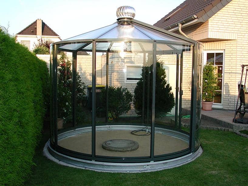 Aluminium Pavillon "Rondo VG" Freistehend Dachverglasung Plexiglas transparent und Seitenverglasung ESG Farbe anthrazitgrau DB 703 & Dachlüfter & Öffnung inklusive Dach bis zu 180 Grad möglich